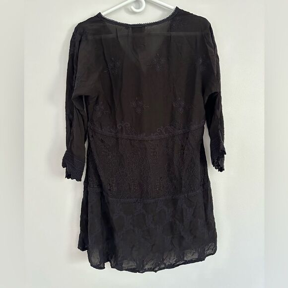 Johnny Was Black Long Sleeve Monrow Tunic 3/4 Sleeve Embroidered Cupra Rayon S - Picture 5 of 7